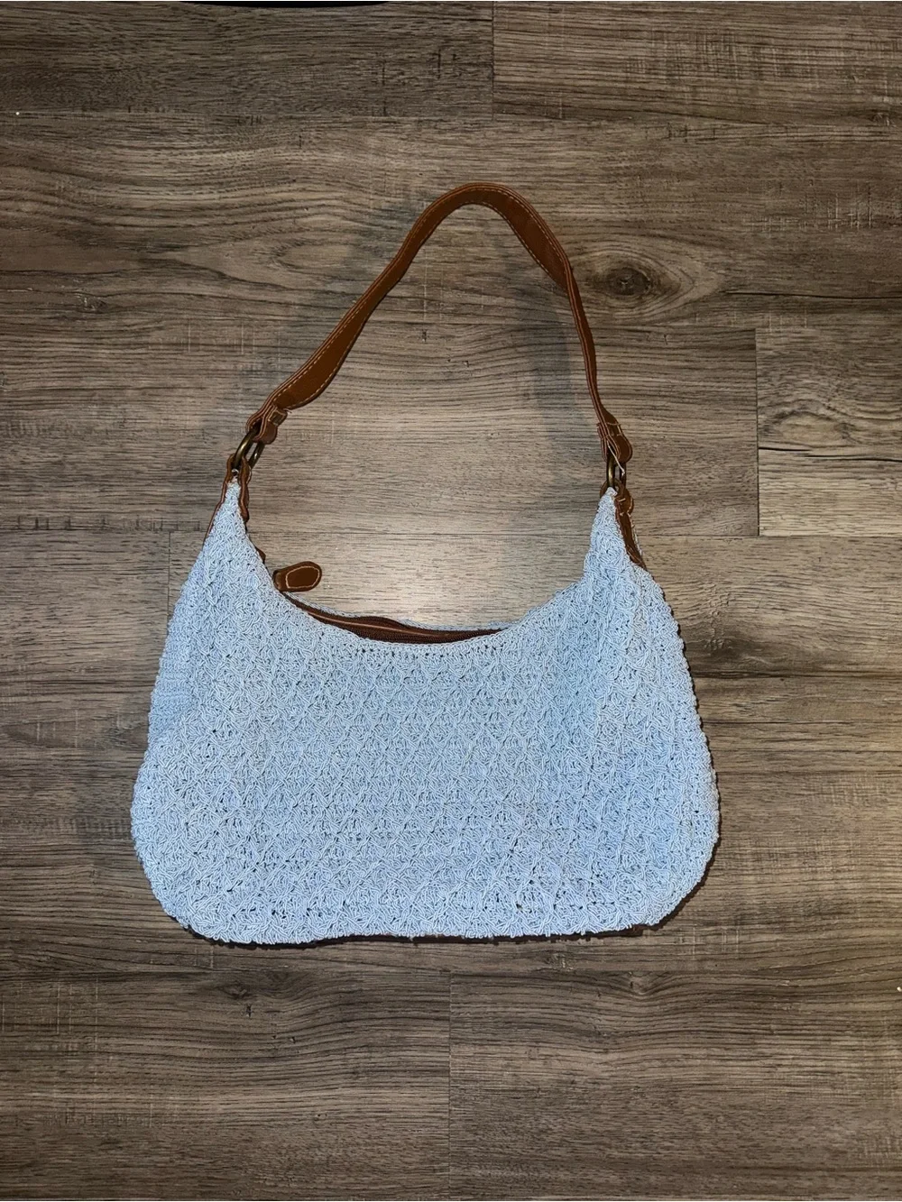Woven Crochet Shoulder Bag with Brown Leather Strap